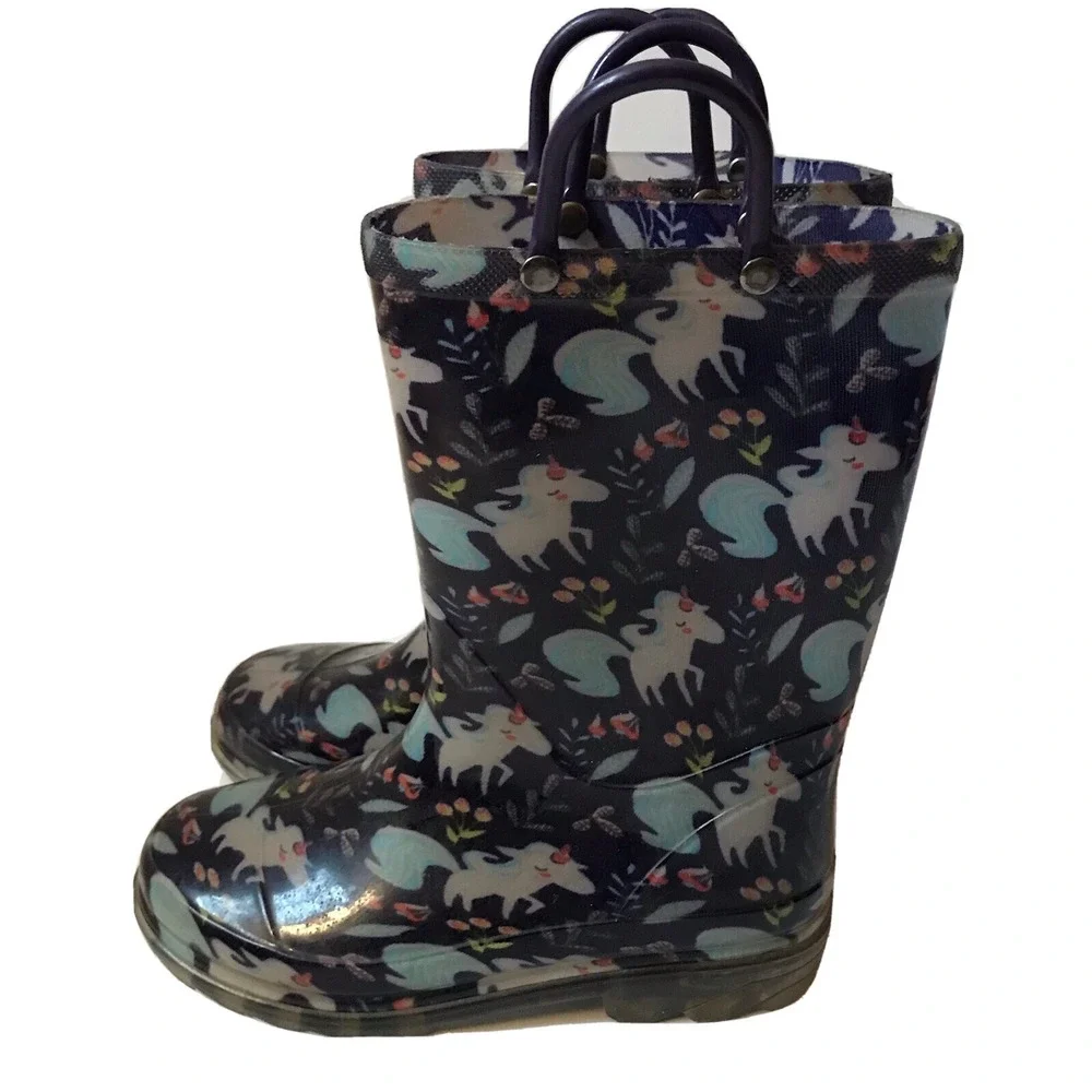Western Chief Kids Navy Blue Unicorn Floral Waterproof Rain Boots‎ Size 13/1